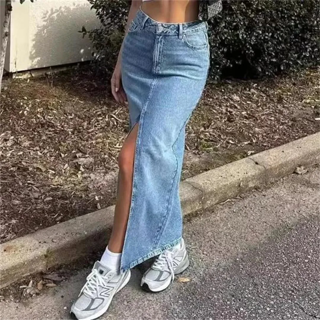 Women High Waist Denim Skirts A-Line Full Stretch Split Loose Fit Femme Elegant Denim Bottoms