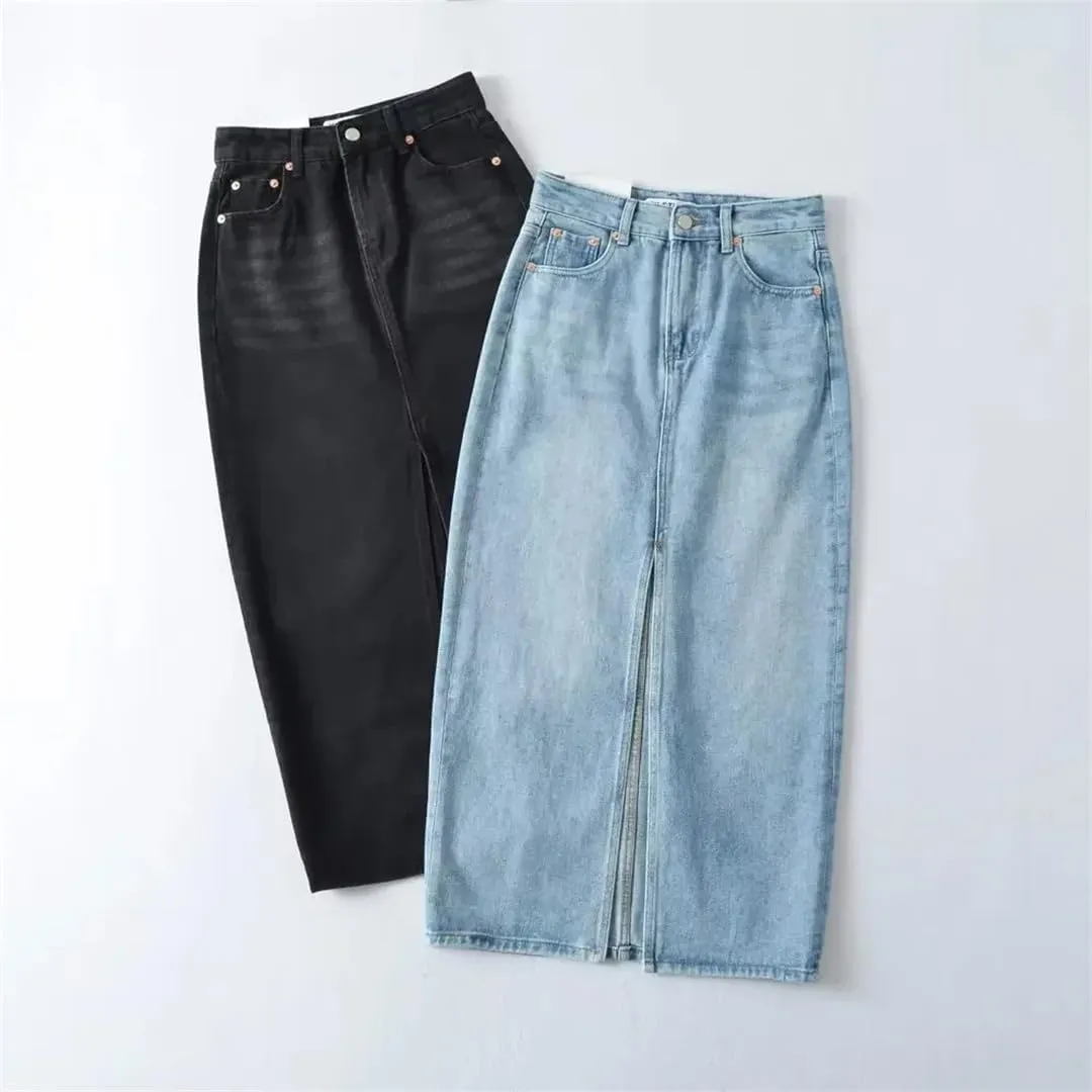 Women High Waist Denim Skirts A-Line Full Stretch Split Loose Fit Femme Elegant Denim Bottoms