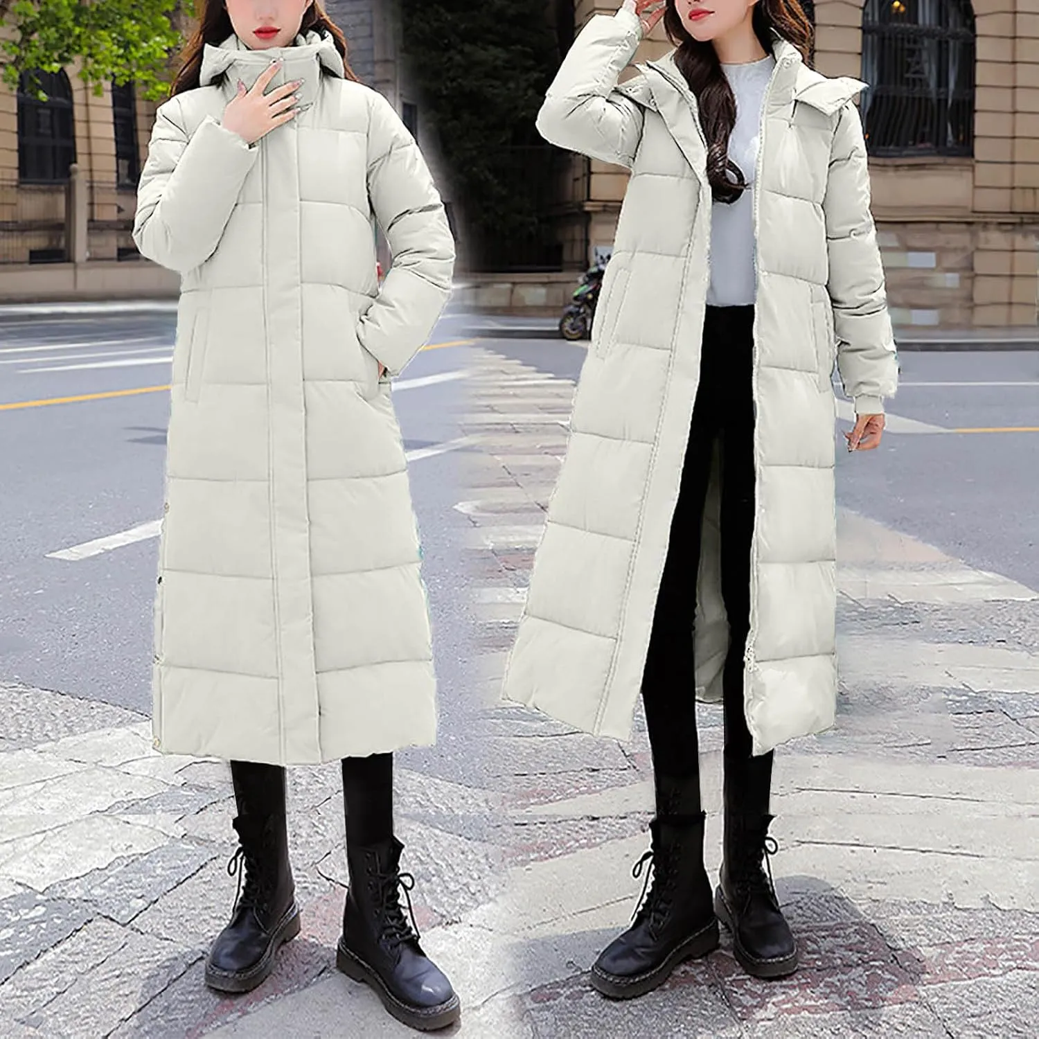Women Lengthened Thickened Puffer Jacket Quilted Down Jackets Trendy Winter Coats Long Hooded Padded Overcoat