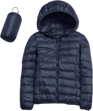 Women Lightweight Windproof Coat Slim Short Hooded Down Coats Outerwear Winter Packable Full Zip Up Warm Work Jacket