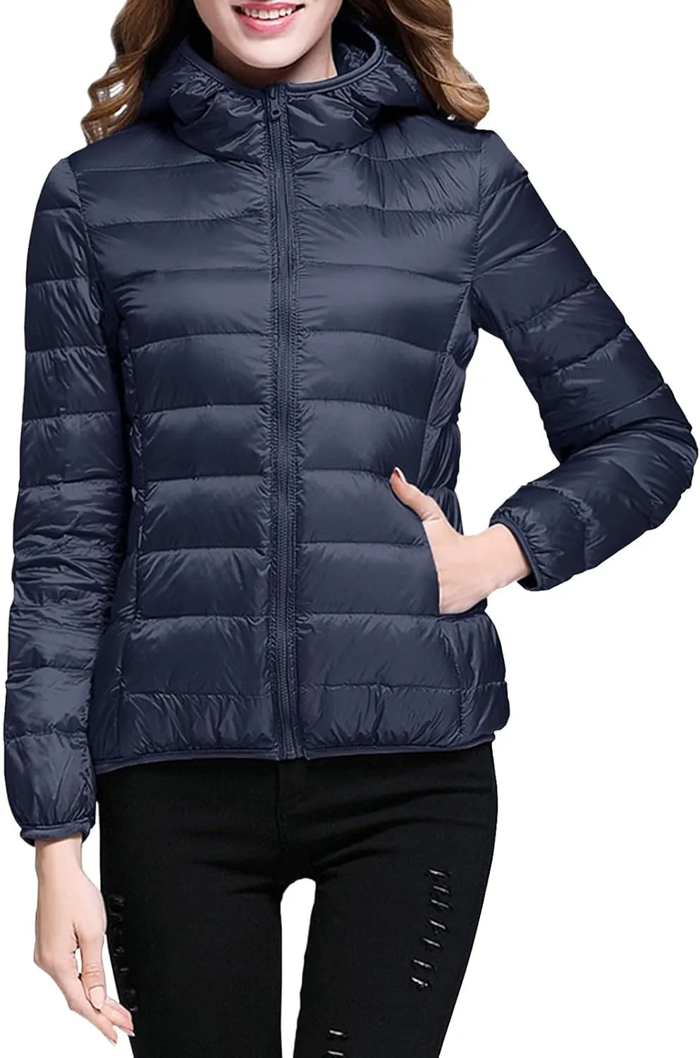 Women Lightweight Windproof Coat Slim Short Hooded Down Coats Outerwear Winter Packable Full Zip Up Warm Work Jacket