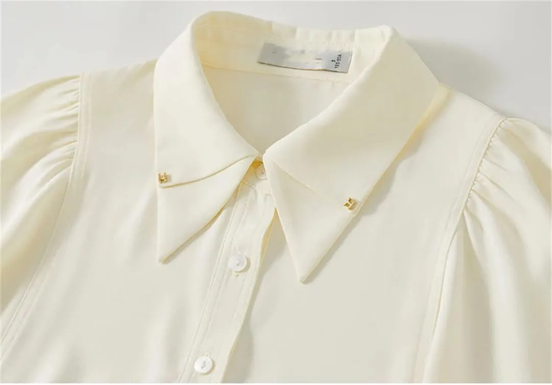Women Office Lady Solid Shirts Double-Layer Puff Sleeve Blouse Work Business Office Lady Tops