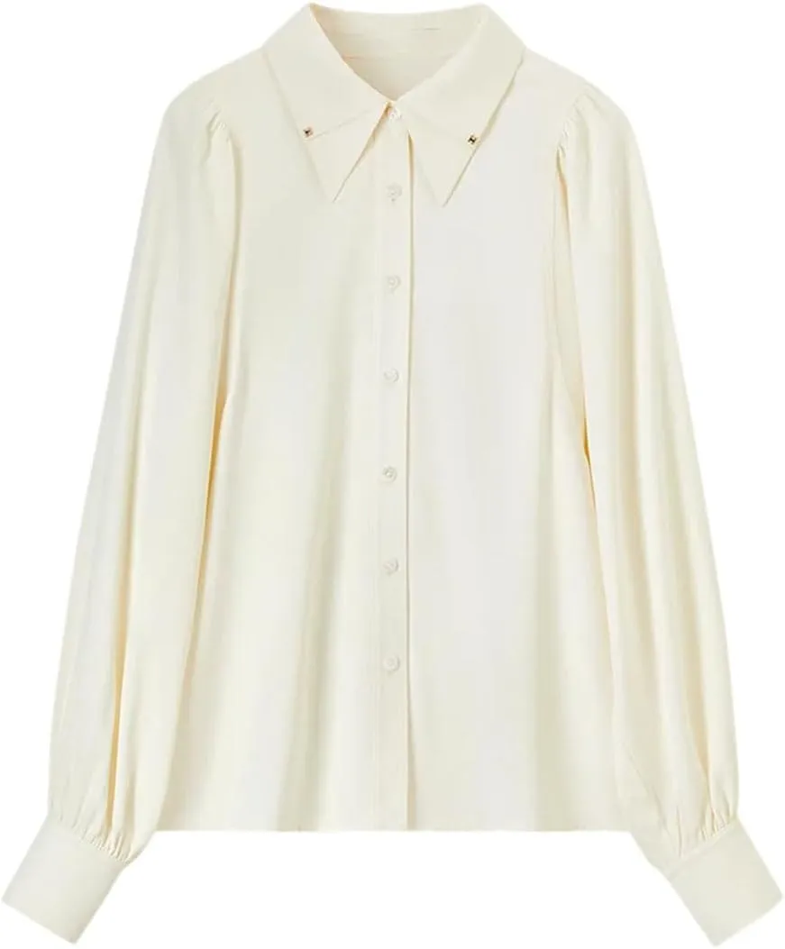 Women Office Lady Solid Shirts Double-Layer Puff Sleeve Blouse Work Business Office Lady Tops