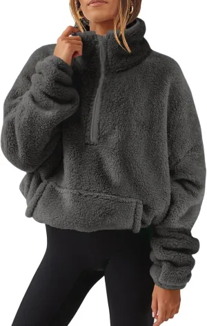 Women Quarter Zip Sherpa Pullover Fleece Fuzzy Cropped Oversized Sweatshirts Long Sleeve Casual Fall Warm Winter Coat