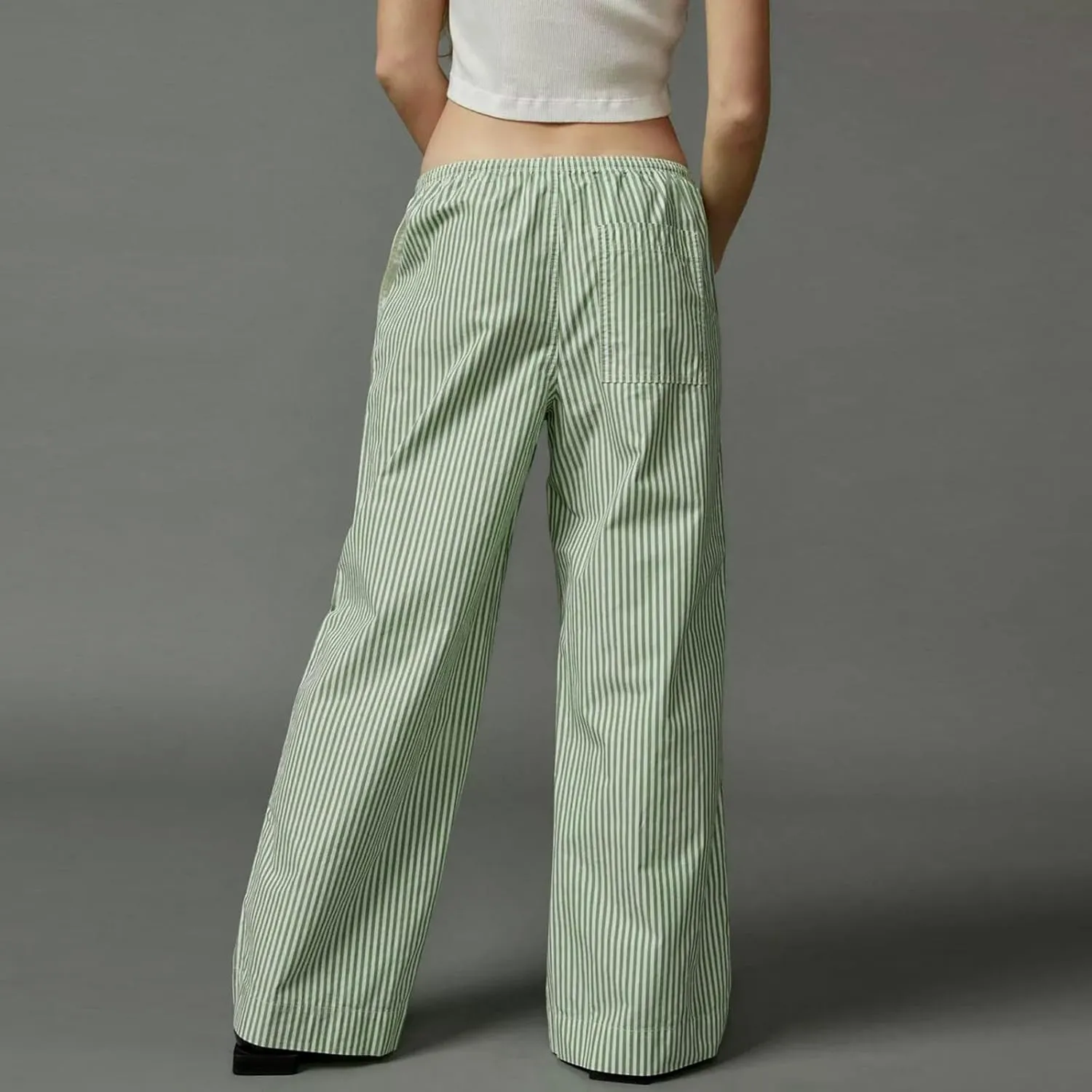 Women Straight Leg Striped Pants High Waisted Casual Pants Pul On Trousers Loose Lounge Pants Work Pants with Pockets