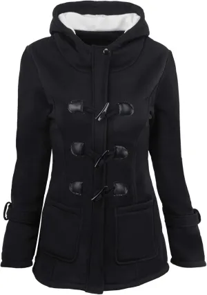 Women Trendy Horn Buttons Jackets Casual Fall Winter Coats Outwear Padded Hooded Parka Jacket Plain Overcoat