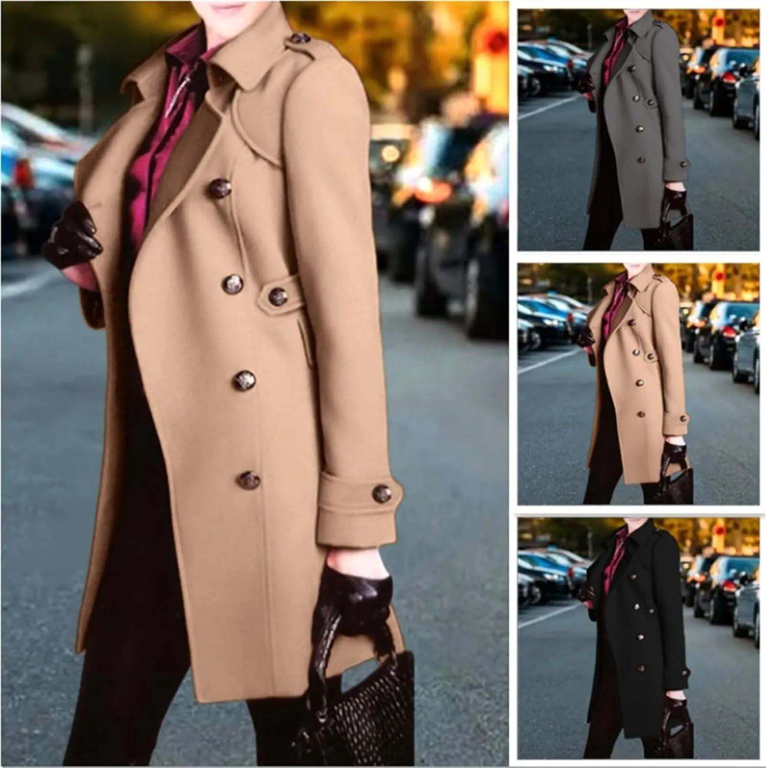 Women Trendy Winter Coats Jacket Long Sleeve Double Breasted Pea Coats Casual Mid-Long Lapel Wool Blend Overcoat