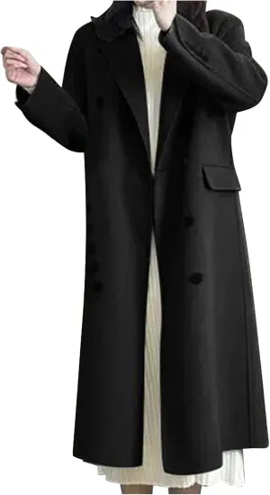 Women Winter Wool Blend Camel Maxi-Long Coat Notch Double-Breasted Lapel Jacket Outwear Business Casual Trench Coats