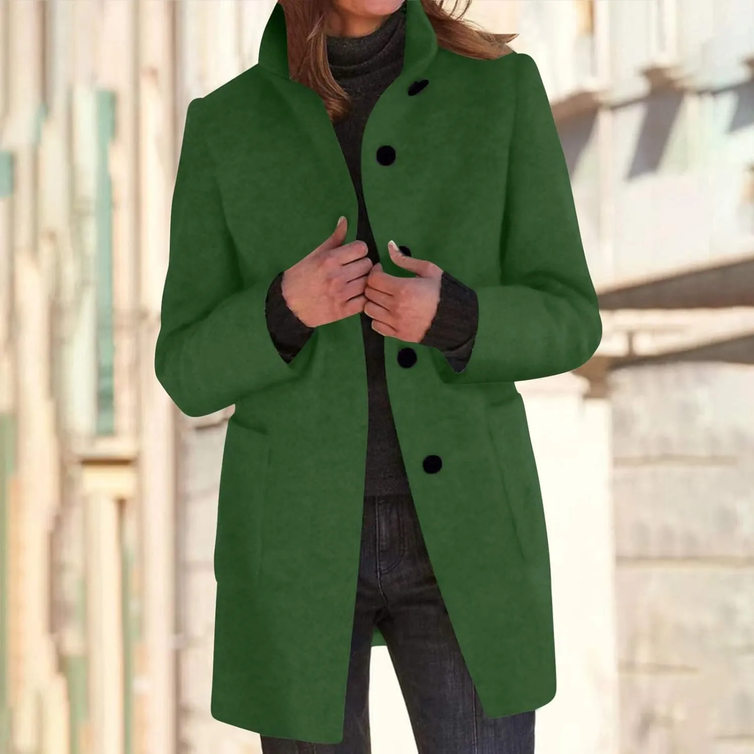 Women Wool Jacket Blend Winter Mid Long Trench Coat Stand Collar Single Breasted Warm Pea Overcoat with Pockets