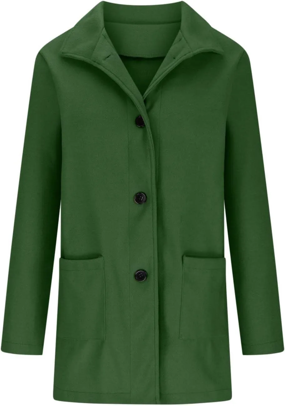 Women Wool Jacket Blend Winter Mid Long Trench Coat Stand Collar Single Breasted Warm Pea Overcoat with Pockets