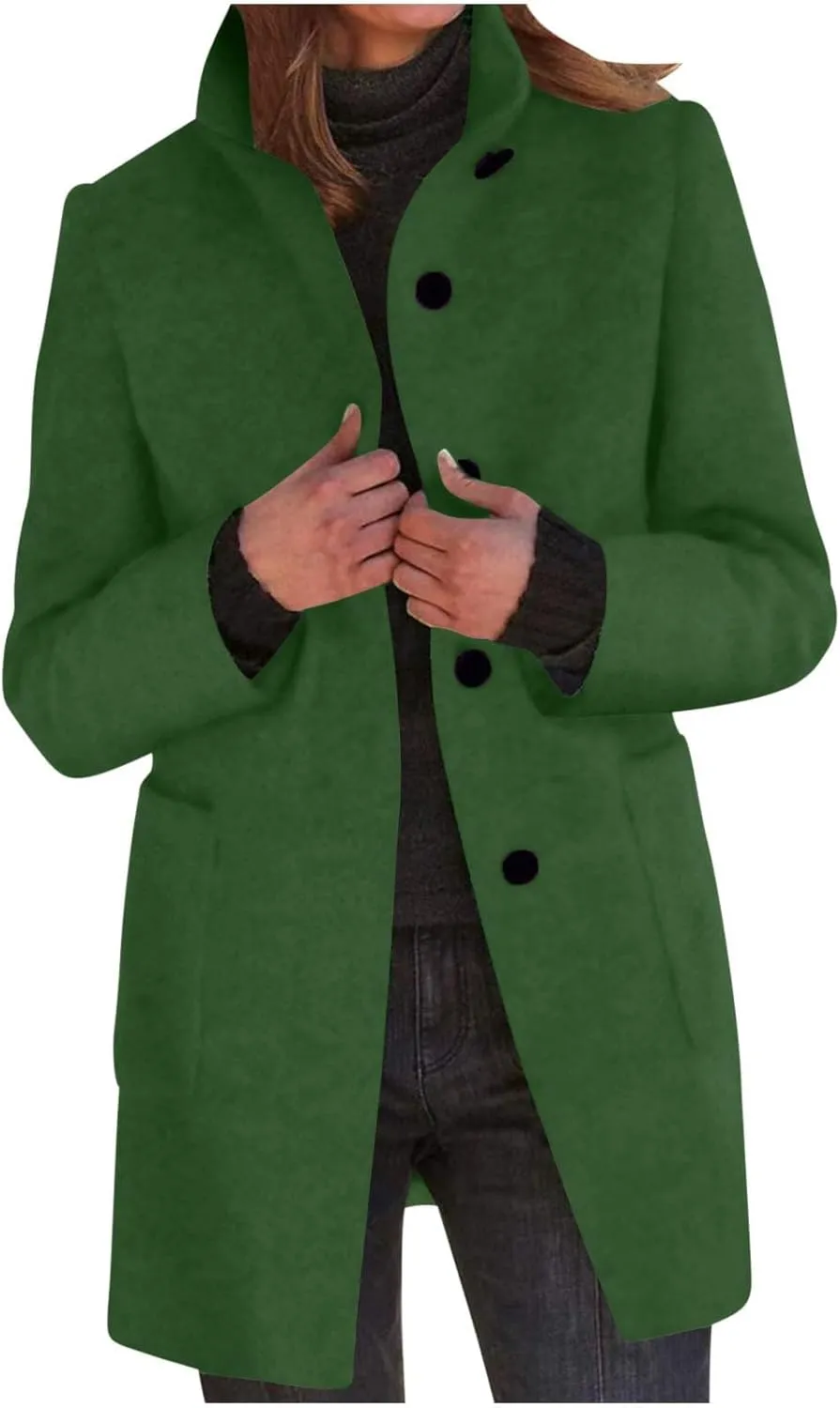 Women Wool Jacket Blend Winter Mid Long Trench Coat Stand Collar Single Breasted Warm Pea Overcoat with Pockets