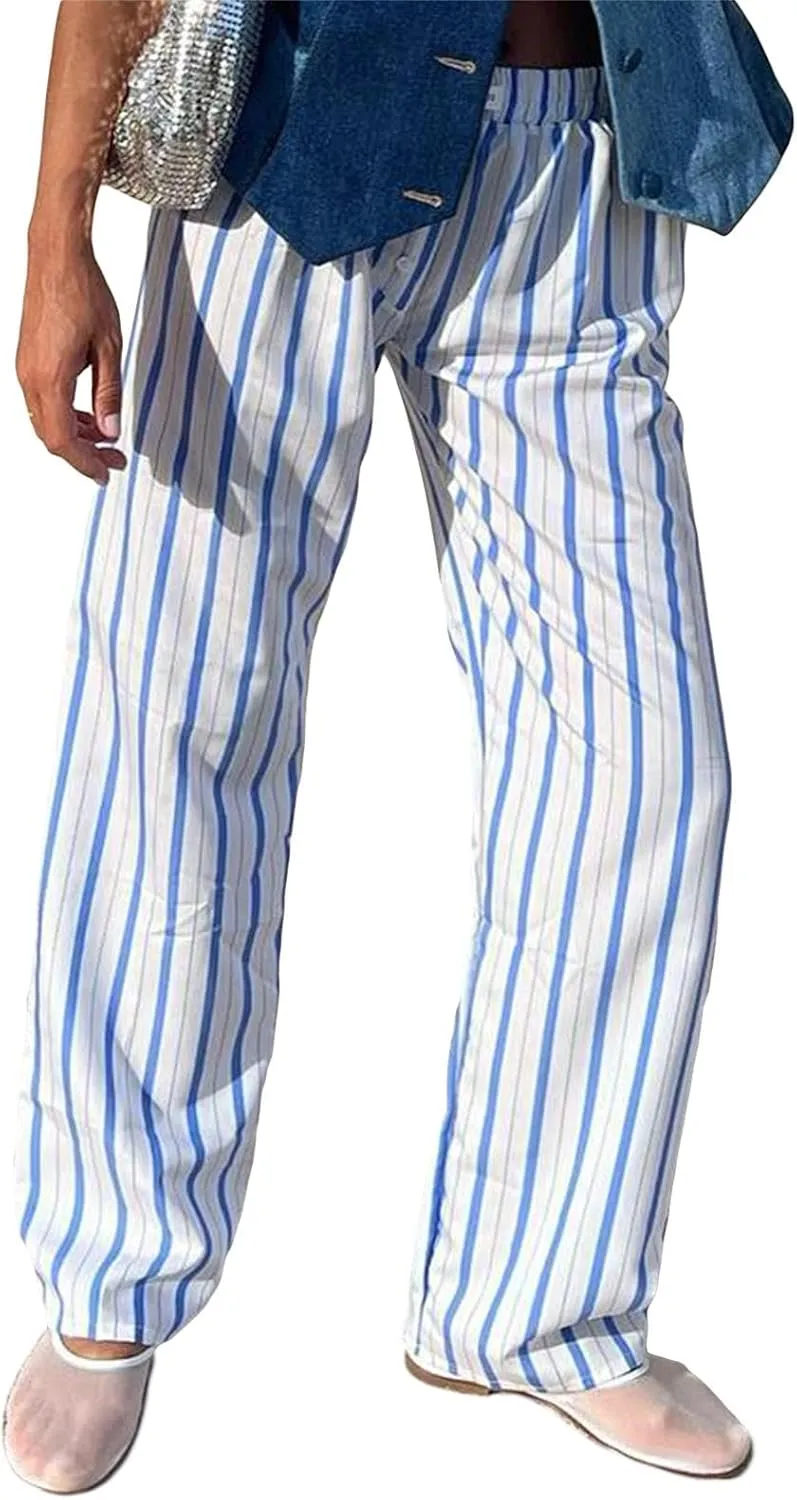 Women Y2k Striped Wide Leg Lounge Pants Straight Elastic Waist Trousers with Pockets Casual Comfy Bottoms