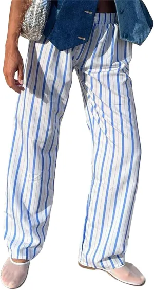 Women Y2k Striped Wide Leg Lounge Pants Straight Elastic Waist Trousers with Pockets Casual Comfy Bottoms