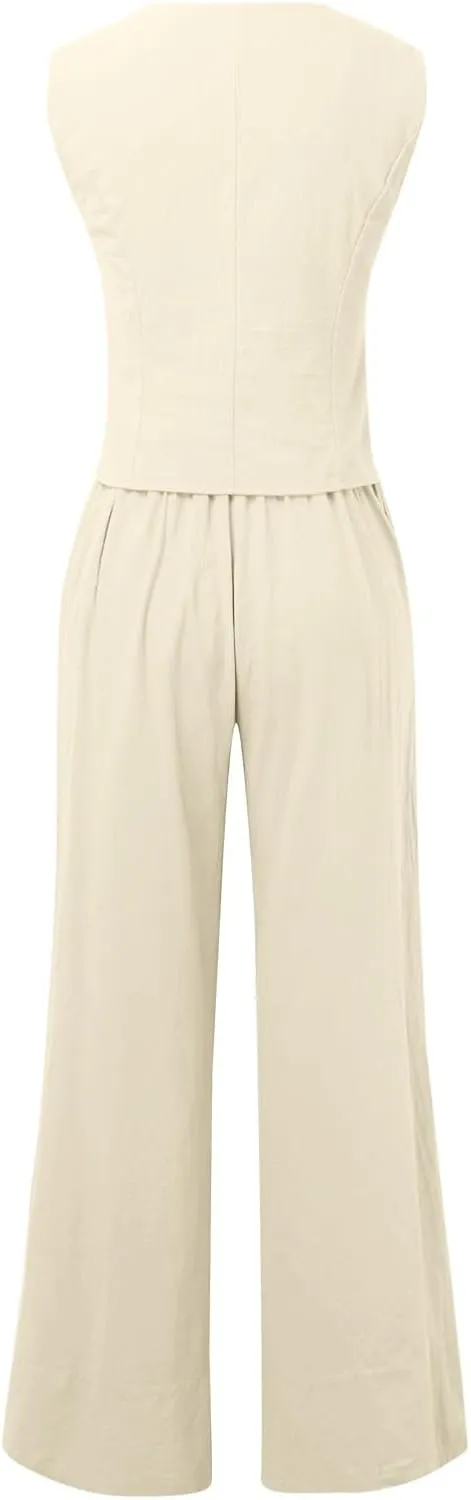 Womens 2 Piece Sets Summer Button Down Vest and Wide Leg Pants Suits Linen Business Casual Outfits V Neck Blazer Sets