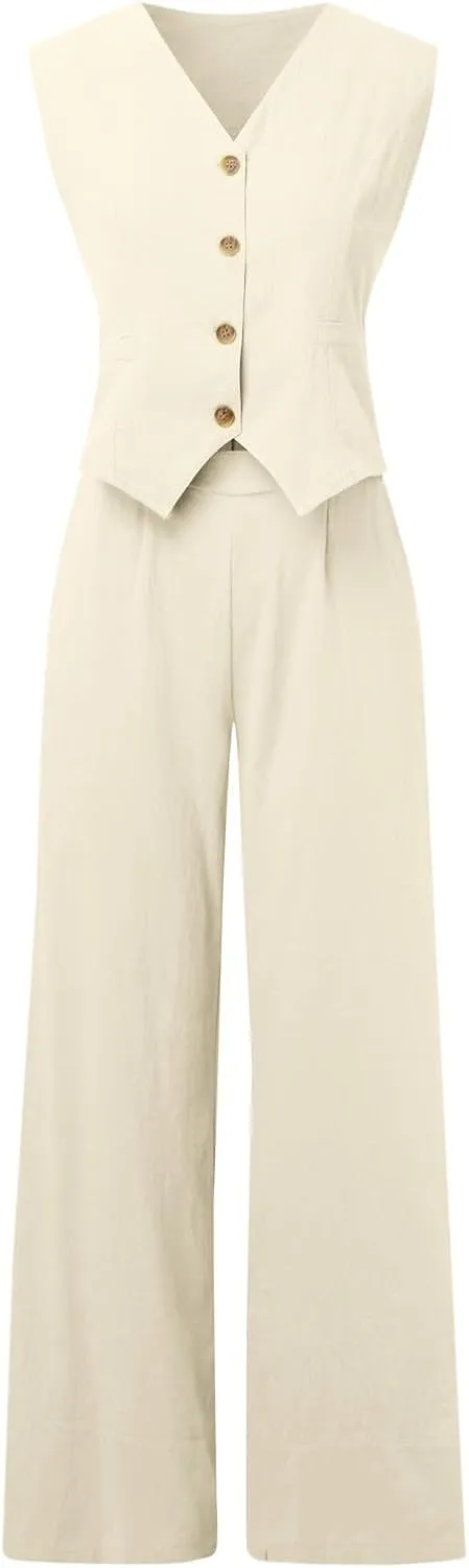 Womens 2 Piece Sets Summer Button Down Vest and Wide Leg Pants Suits Linen Business Casual Outfits V Neck Blazer Sets