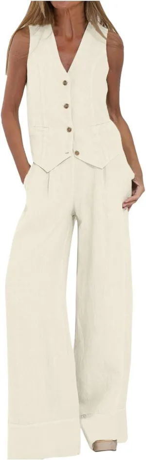 Womens 2 Piece Sets Summer Button Down Vest and Wide Leg Pants Suits Linen Business Casual Outfits V Neck Blazer Sets