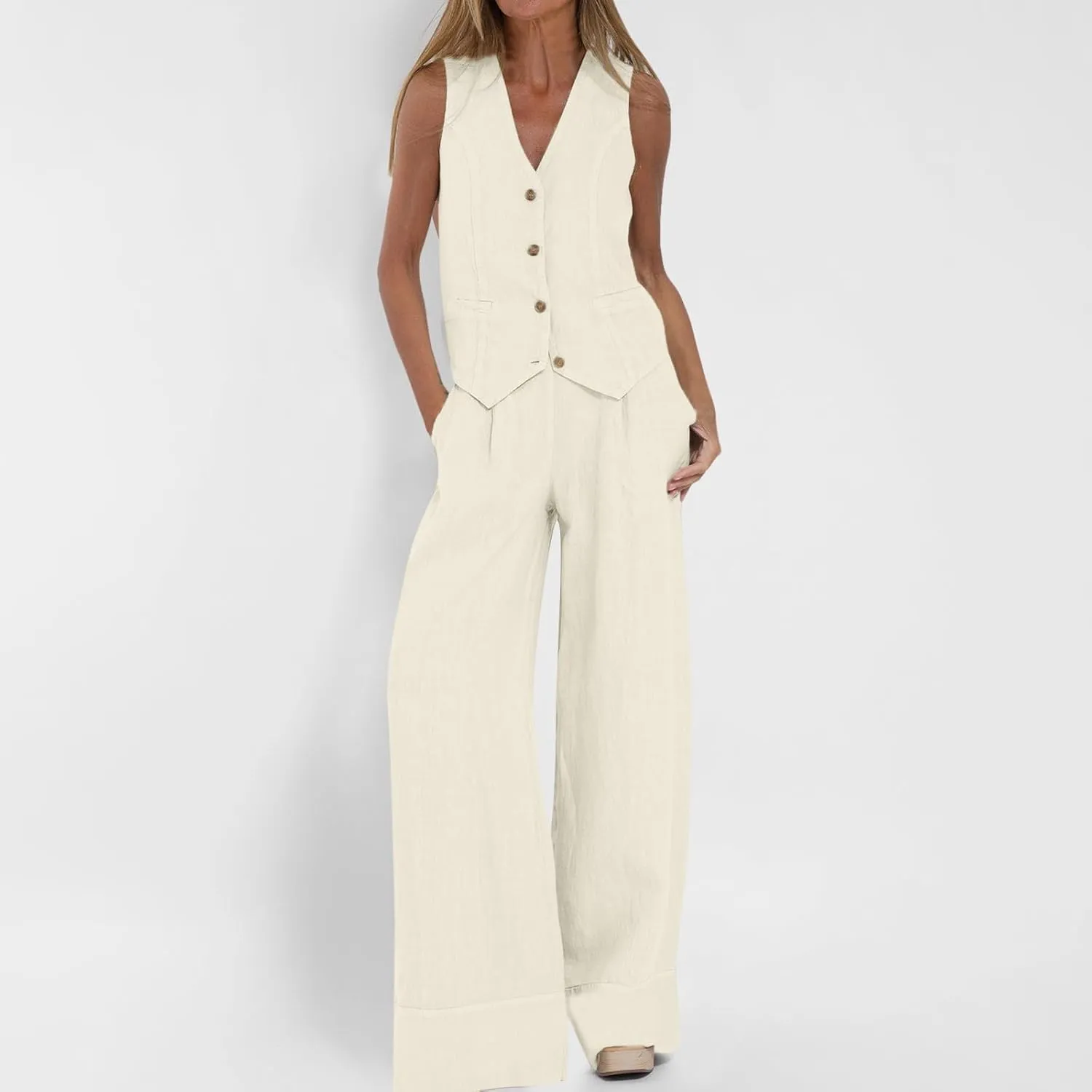 Womens 2 Piece Sets Summer Button Down Vest and Wide Leg Pants Suits Linen Business Casual Outfits V Neck Blazer Sets