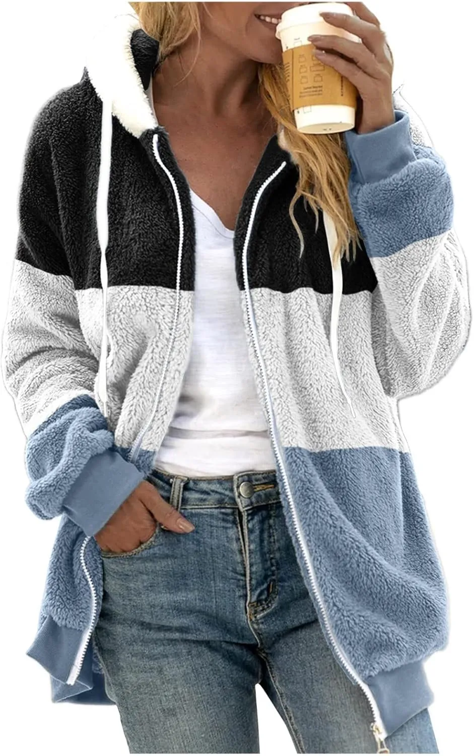 Womens 2024 Plus Size Fuzzy Fleece Jacket Winter Full Zip Plush Hooded Cardigan Coats Soft Shaggy Warm Outerwear