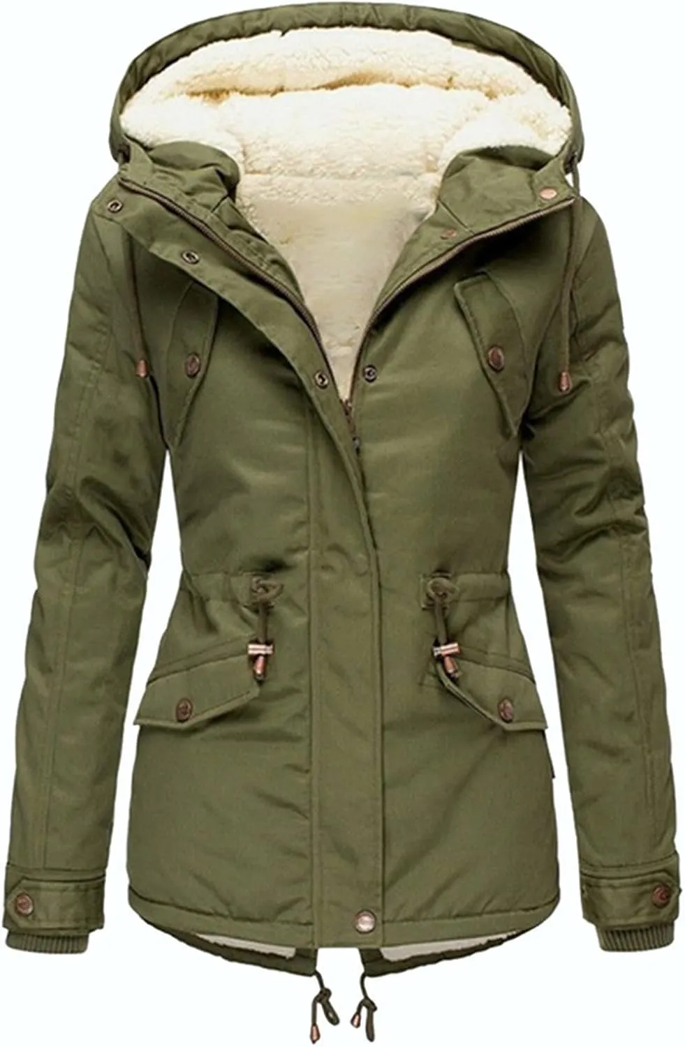 Womens 2024 Simple Solid Zipper Fleece Coat Long Sleeve Hooded Outwear Comfy Warm Pocket Overcoat Daily Outdoor Clothes