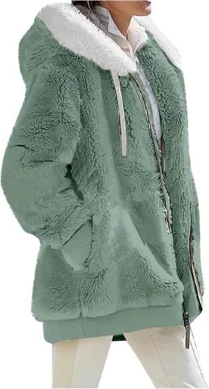 Womens 2024 Winter Fuzzy Fleece Jacket Hooded Color Block Patchwork Long Sleeve Cardigan Coats Outerwear with Pockets