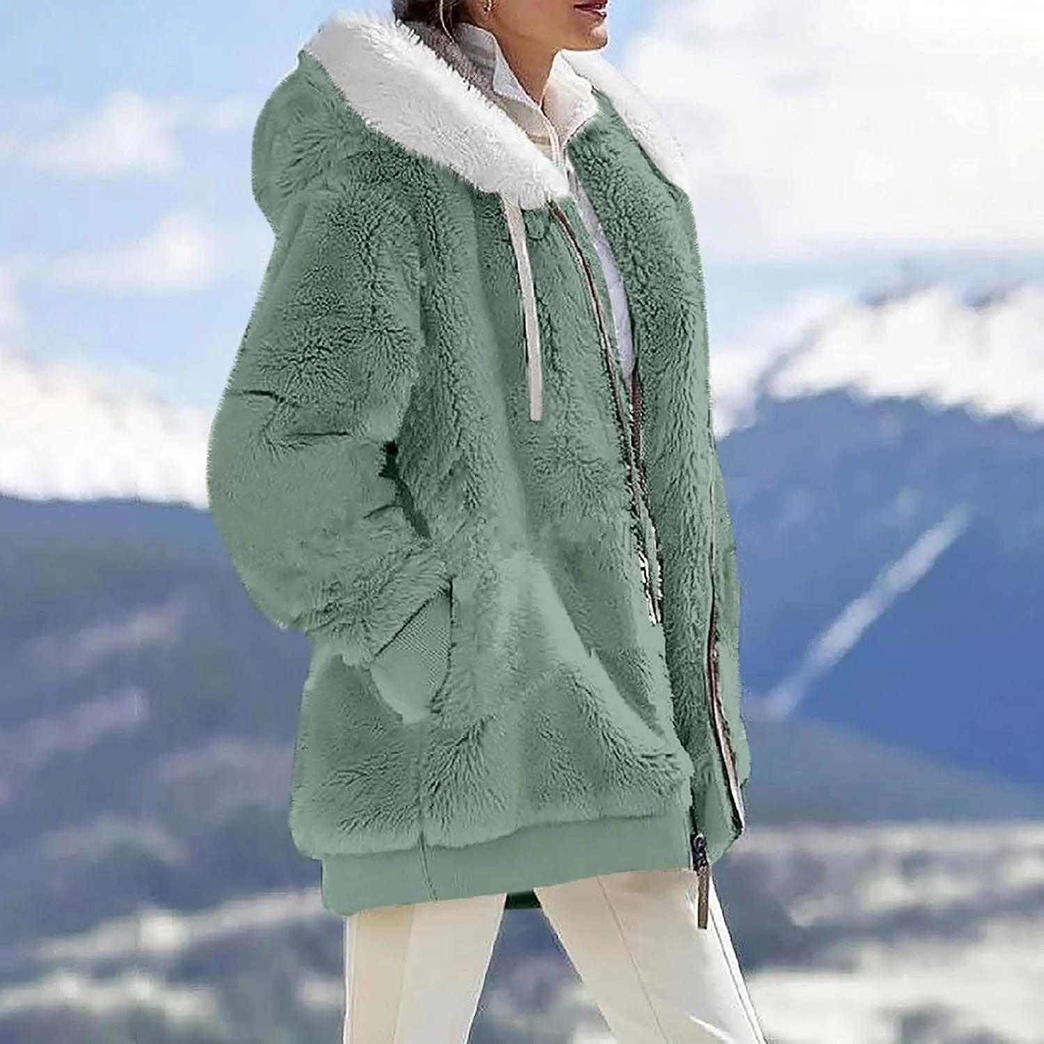 Womens 2024 Winter Fuzzy Fleece Jacket Hooded Color Block Patchwork Long Sleeve Cardigan Coats Outerwear with Pockets