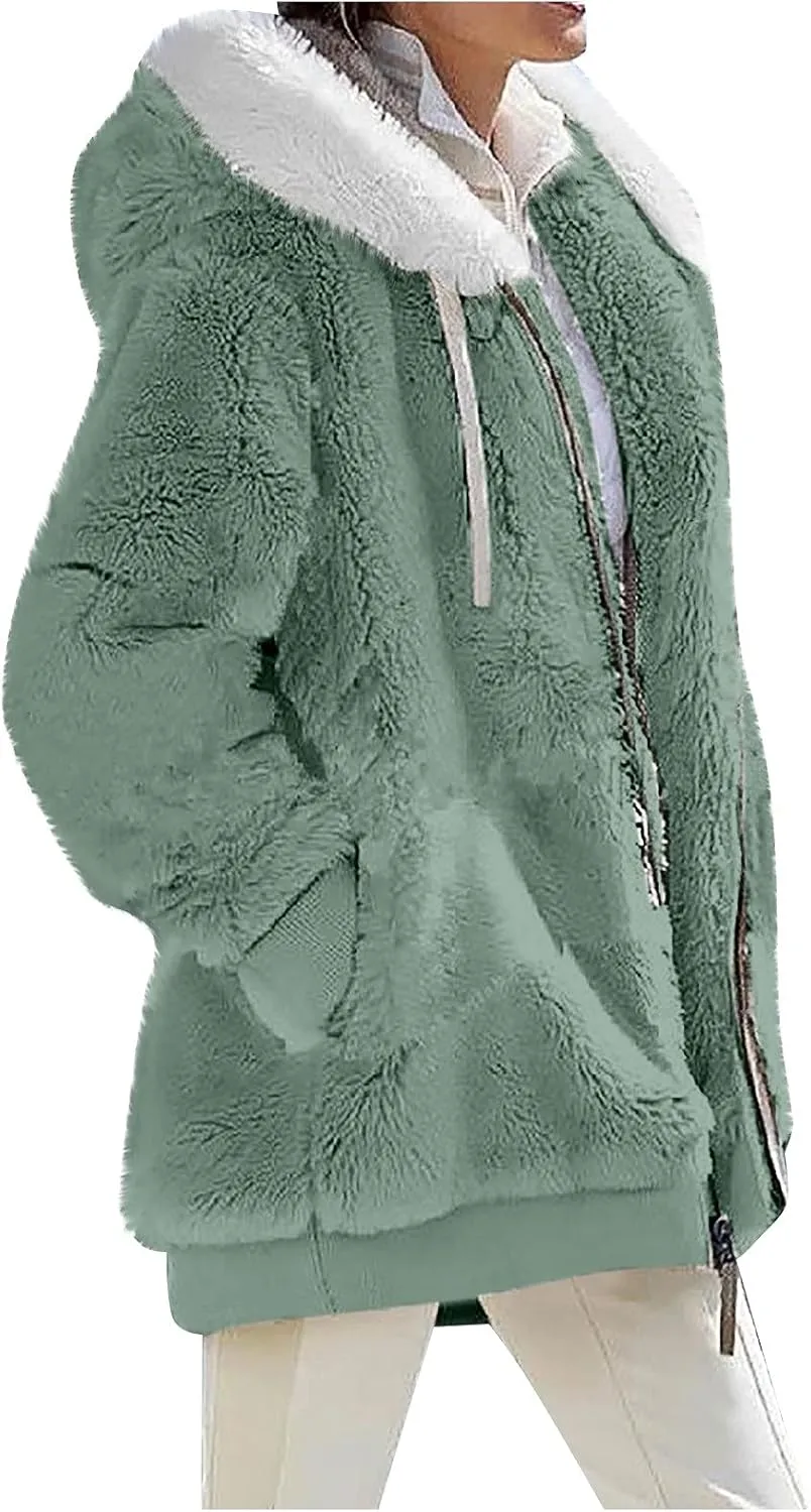 Womens 2024 Winter Fuzzy Fleece Jacket Hooded Color Block Patchwork Long Sleeve Cardigan Coats Outerwear with Pockets