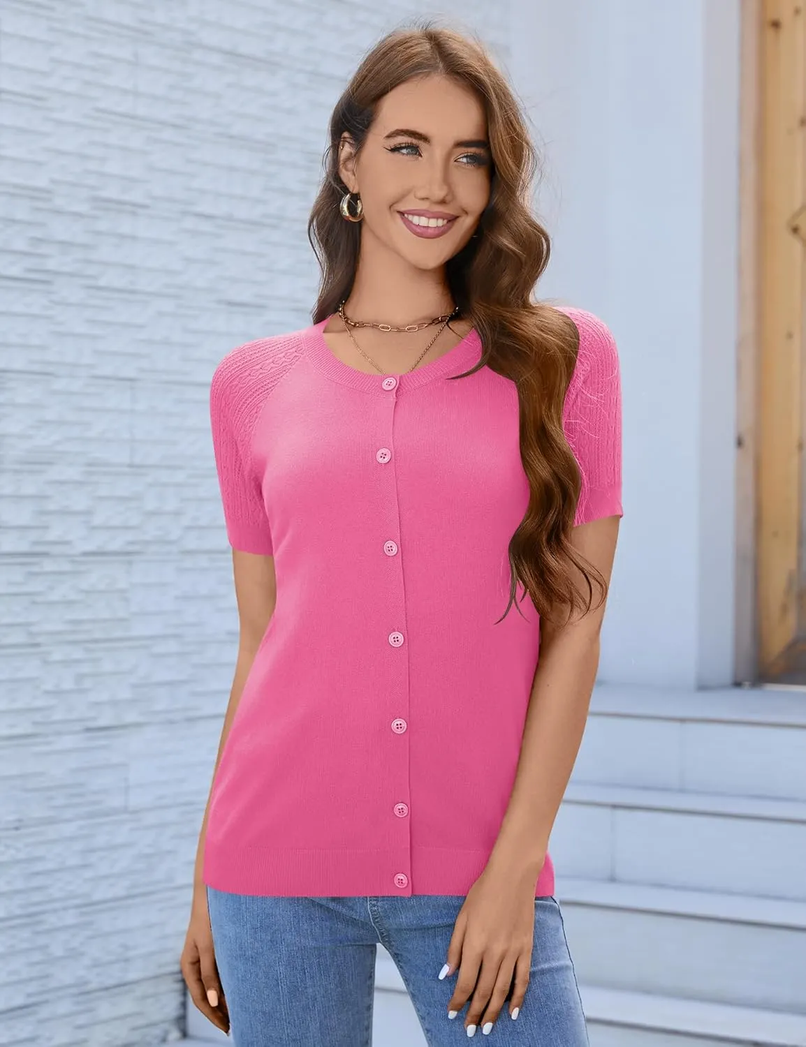 Women's 2025 Short Sleeve Cardigan Button Up Hollowed Out Crewneck Shrug Sweaters Knit Sweater Tops Lightweight