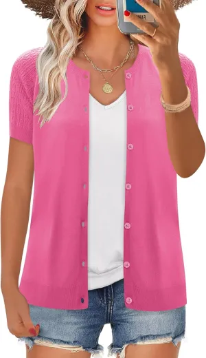 Women's 2025 Short Sleeve Cardigan Button Up Hollowed Out Crewneck Shrug Sweaters Knit Sweater Tops Lightweight