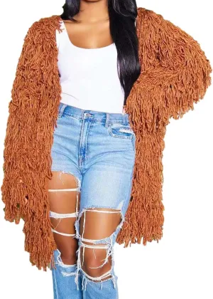 Womens Cable Knit Fringe Tassel Mid Length Cardigans Open Front Sweater Cardigan Oversized Coat Sexy Nightclub Outfit Coffee