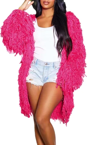Womens Cable Knit Fringe Tassel Mid Length Cardigans Open Front Sweater Cardigan Oversized Coat Sexy Nightclub Outfit Hot Pink