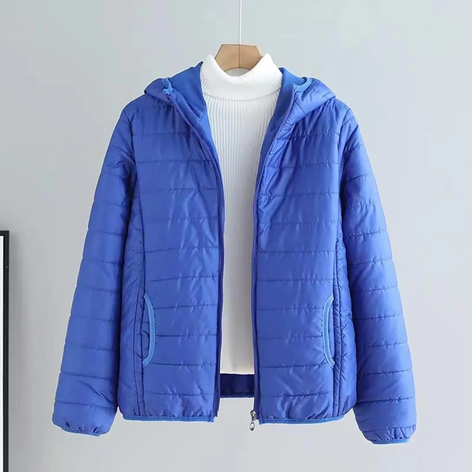 Womens Classic Solid Quilted Puffer Coat Long Sleeve Hooded Down Coat Casaul Warm Pocket Overcoat Daily Winter Clothes