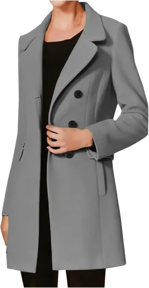 Women's Coat Notched Lapel Pea Coat Classic Trench Coats Single Breasted Jacket Mid Long Outwear Overcoat with Pocket