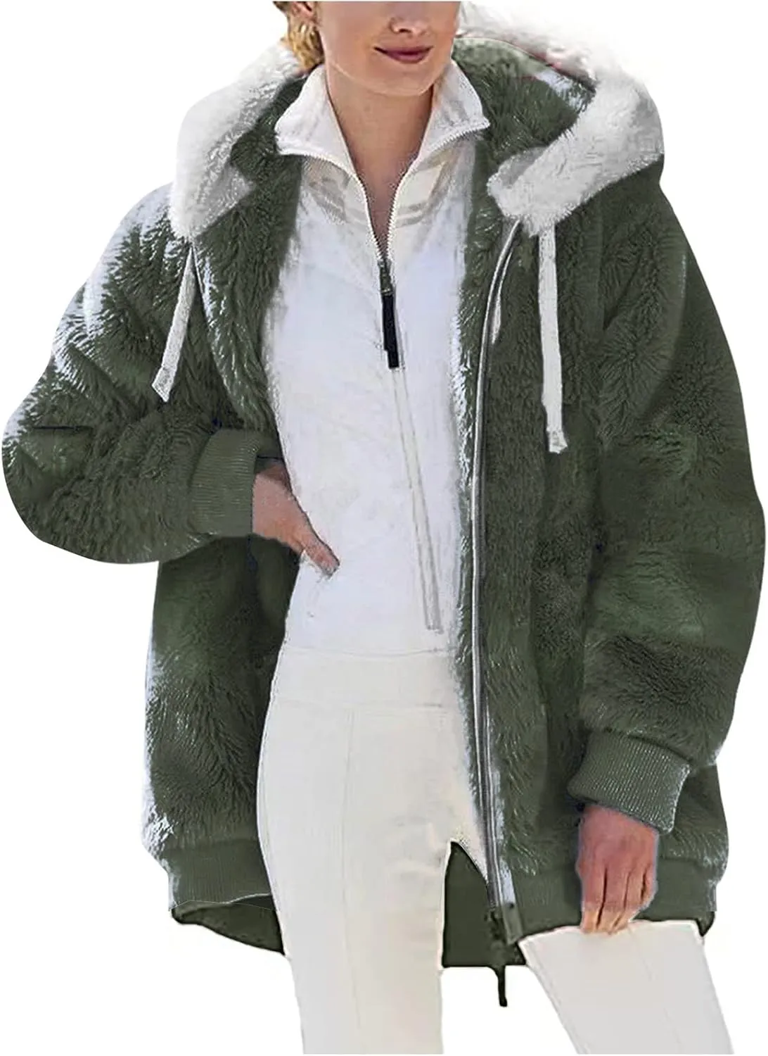 Women's Contrasting Lamb Wool Padded Coat Trendy Faux Shearling Coat Warm Hooded Zip Up Fuzzy Winter Jacket with Pockets