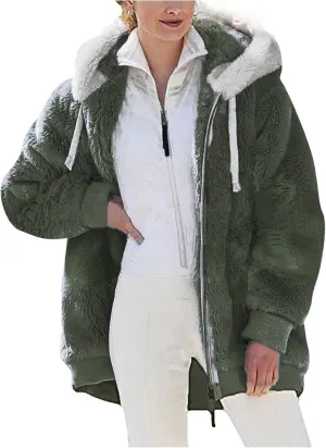 Women's Contrasting Lamb Wool Padded Coat Trendy Faux Shearling Coat Warm Hooded Zip Up Fuzzy Winter Jacket with Pockets