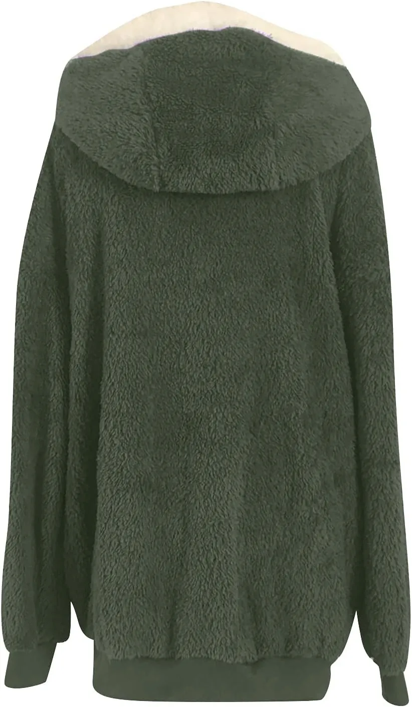 Women's Contrasting Lamb Wool Padded Coat Trendy Faux Shearling Coat Warm Hooded Zip Up Fuzzy Winter Jacket with Pockets