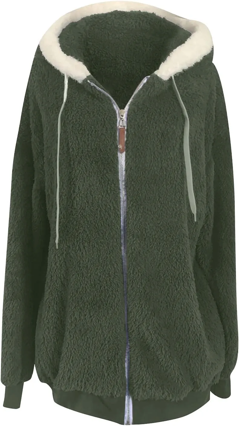 Women's Contrasting Lamb Wool Padded Coat Trendy Faux Shearling Coat Warm Hooded Zip Up Fuzzy Winter Jacket with Pockets