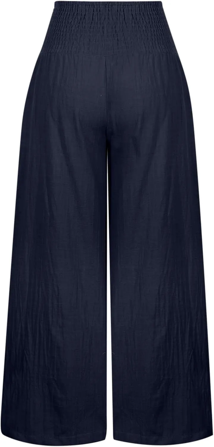 Womens Cotton Linen Palazzo Pants Loose Elastic High Waist Trousers Wide Leg Beach Pant Solid Vacation Casual Outfits