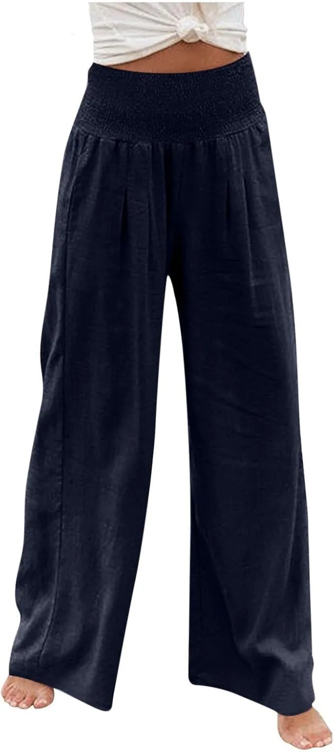 Womens Cotton Linen Palazzo Pants Loose Elastic High Waist Trousers Wide Leg Beach Pant Solid Vacation Casual Outfits