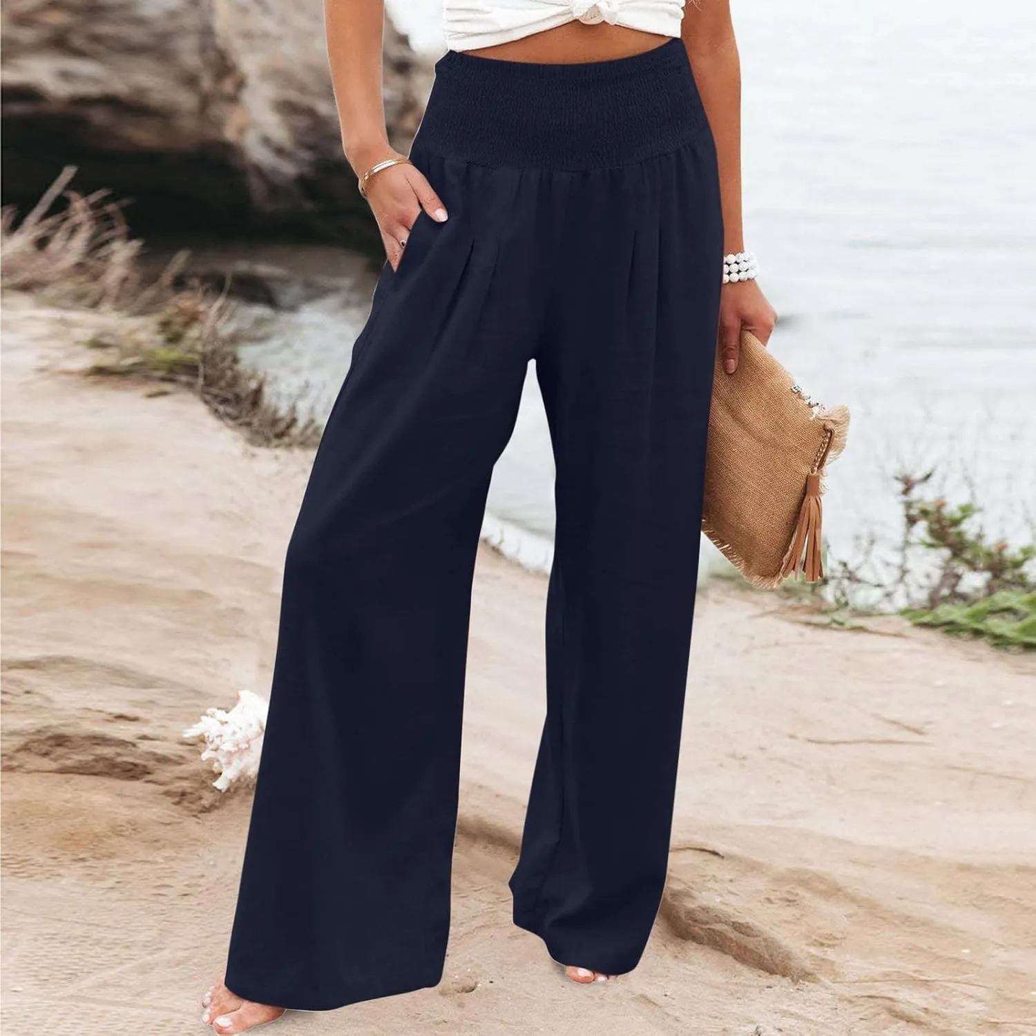 Womens Cotton Linen Palazzo Pants Loose Elastic High Waist Trousers Wide Leg Beach Pant Solid Vacation Casual Outfits