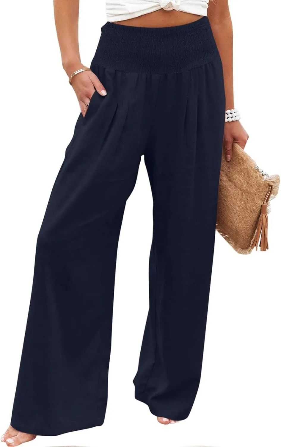 Womens Cotton Linen Palazzo Pants Loose Elastic High Waist Trousers Wide Leg Beach Pant Solid Vacation Casual Outfits