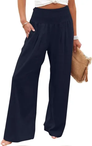Womens Cotton Linen Palazzo Pants Loose Elastic High Waist Trousers Wide Leg Beach Pant Solid Vacation Casual Outfits