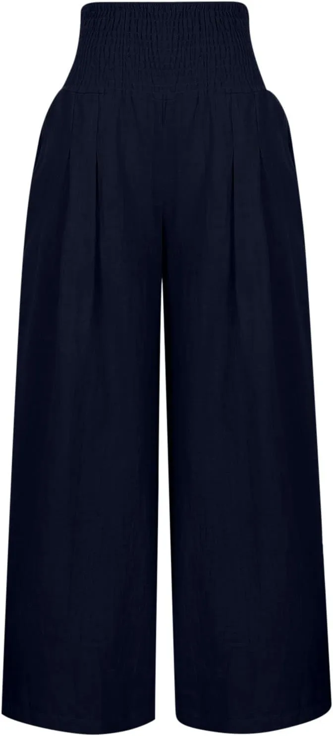 Womens Cotton Linen Palazzo Pants Loose Elastic High Waist Trousers Wide Leg Beach Pant Solid Vacation Casual Outfits