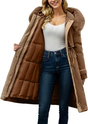Women's Down Jacket Knee-Length Padded Thickened Quilted Puffer Pockets Winter Coat Outerwear Faux Fur Removable Hood
