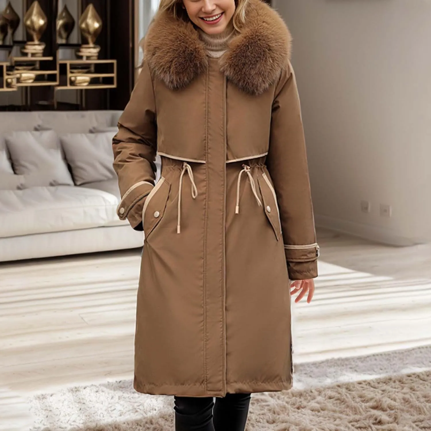 Women's Down Jacket Knee-Length Padded Thickened Quilted Puffer Pockets Winter Coat Outerwear Faux Fur Removable Hood