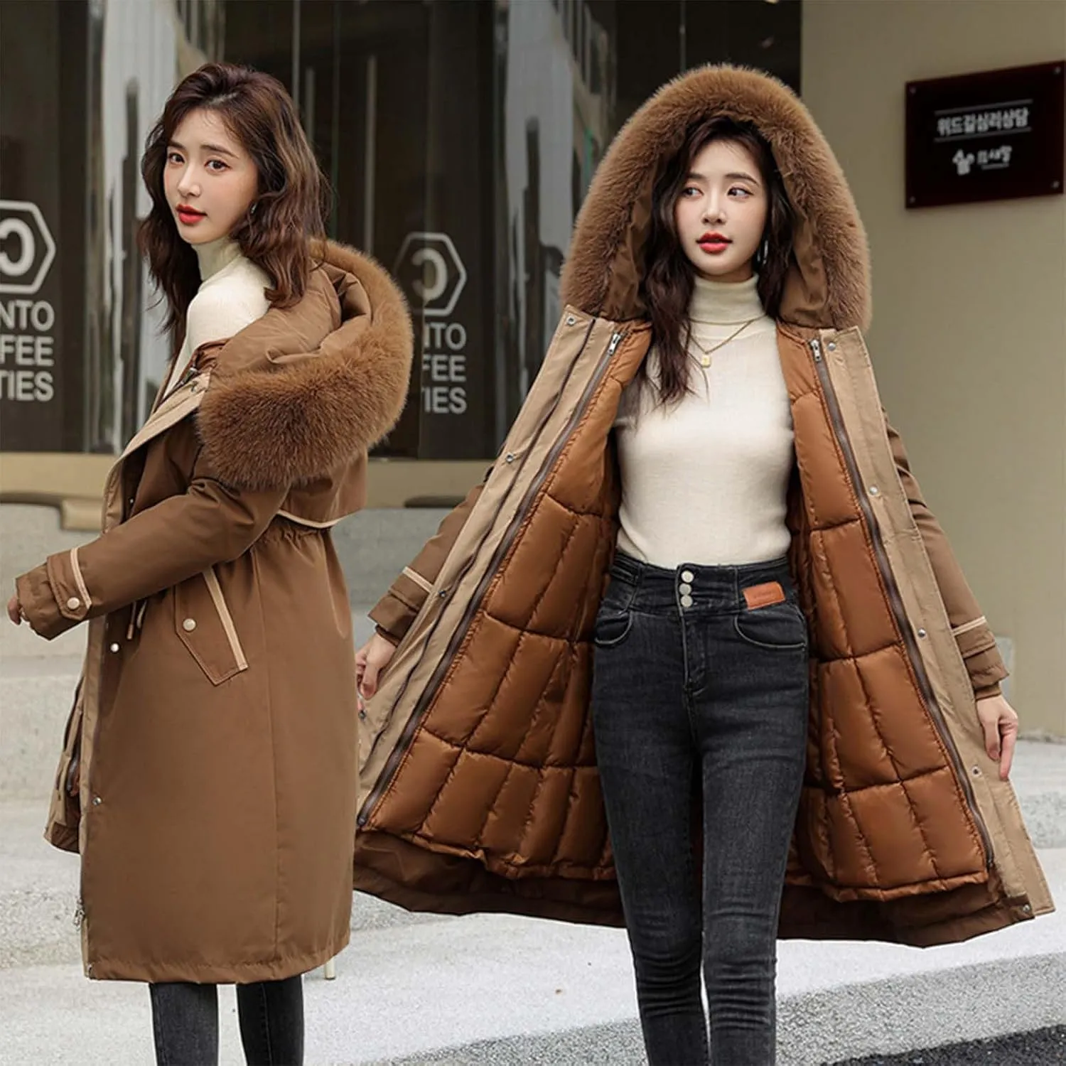 Women's Down Jacket Knee-Length Padded Thickened Quilted Puffer Pockets Winter Coat Outerwear Faux Fur Removable Hood