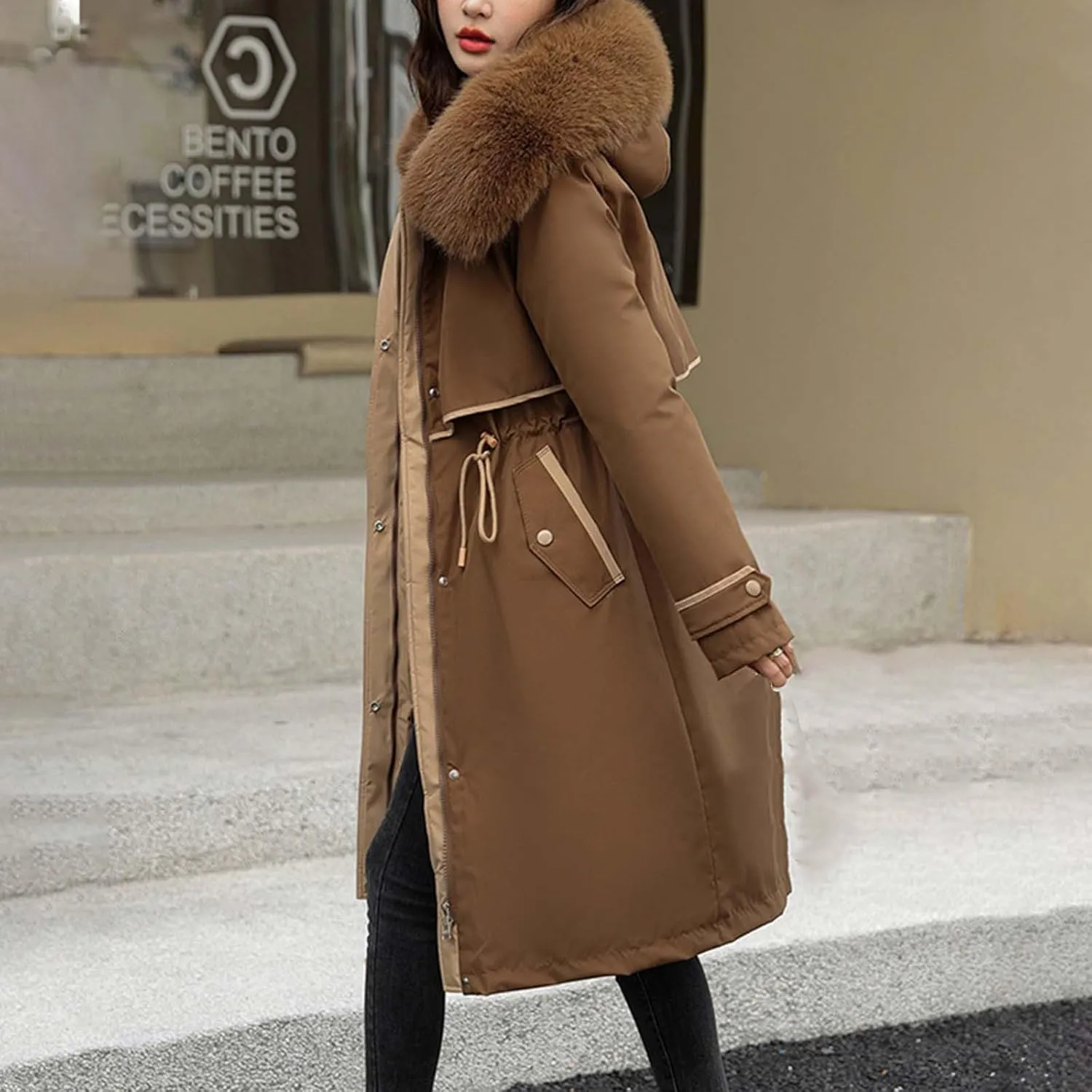 Women's Down Jacket Knee-Length Padded Thickened Quilted Puffer Pockets Winter Coat Outerwear Faux Fur Removable Hood