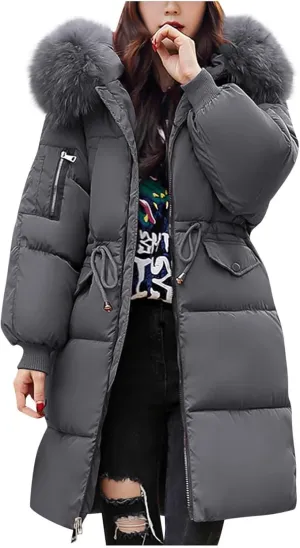 Womens Elegant Zipper Puffer Coat Long Sleeve Big Collar Down Coat Insulated Casual Loose Overcoat Daily Winter Clothes