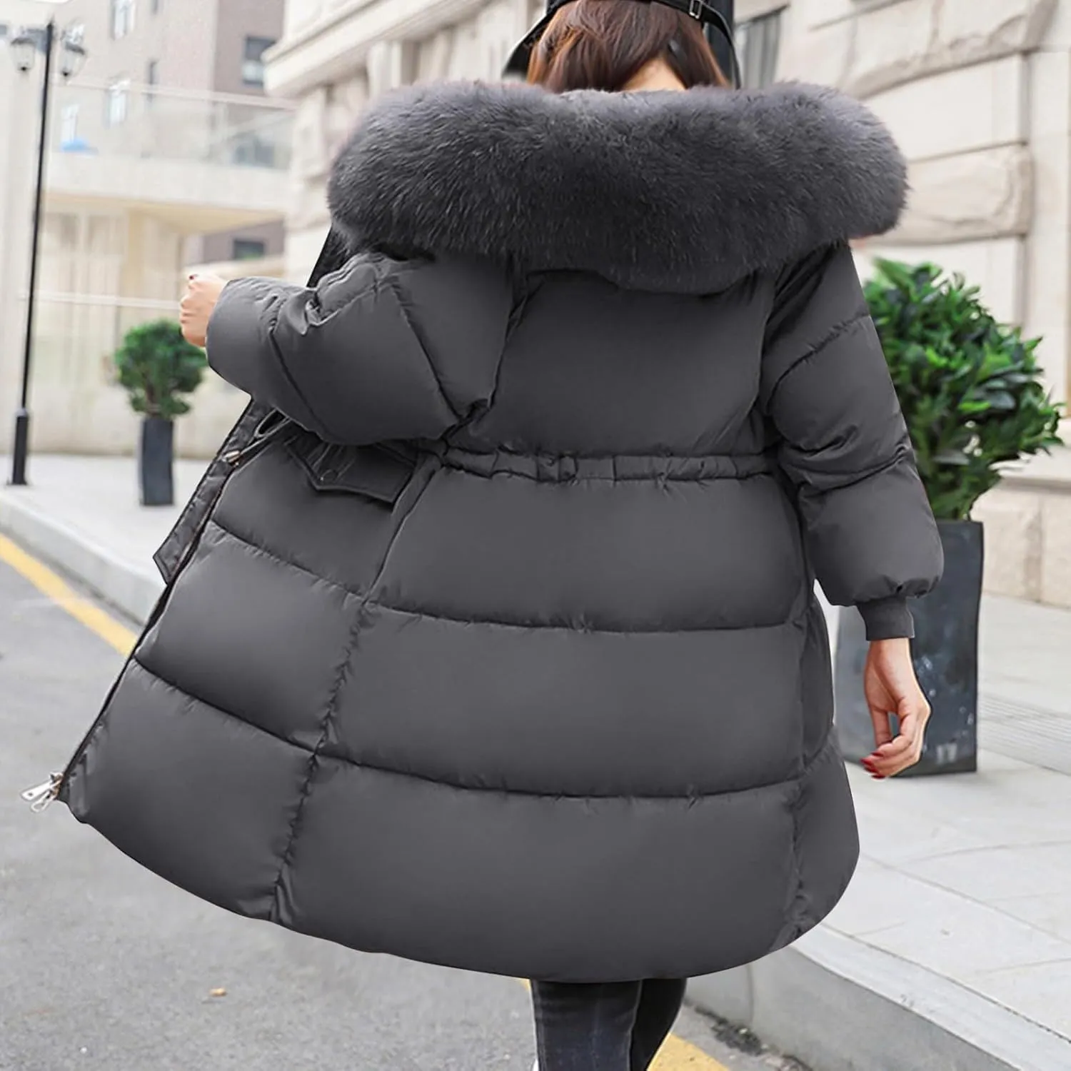 Womens Elegant Zipper Puffer Coat Long Sleeve Big Collar Down Coat Insulated Casual Loose Overcoat Daily Winter Clothes
