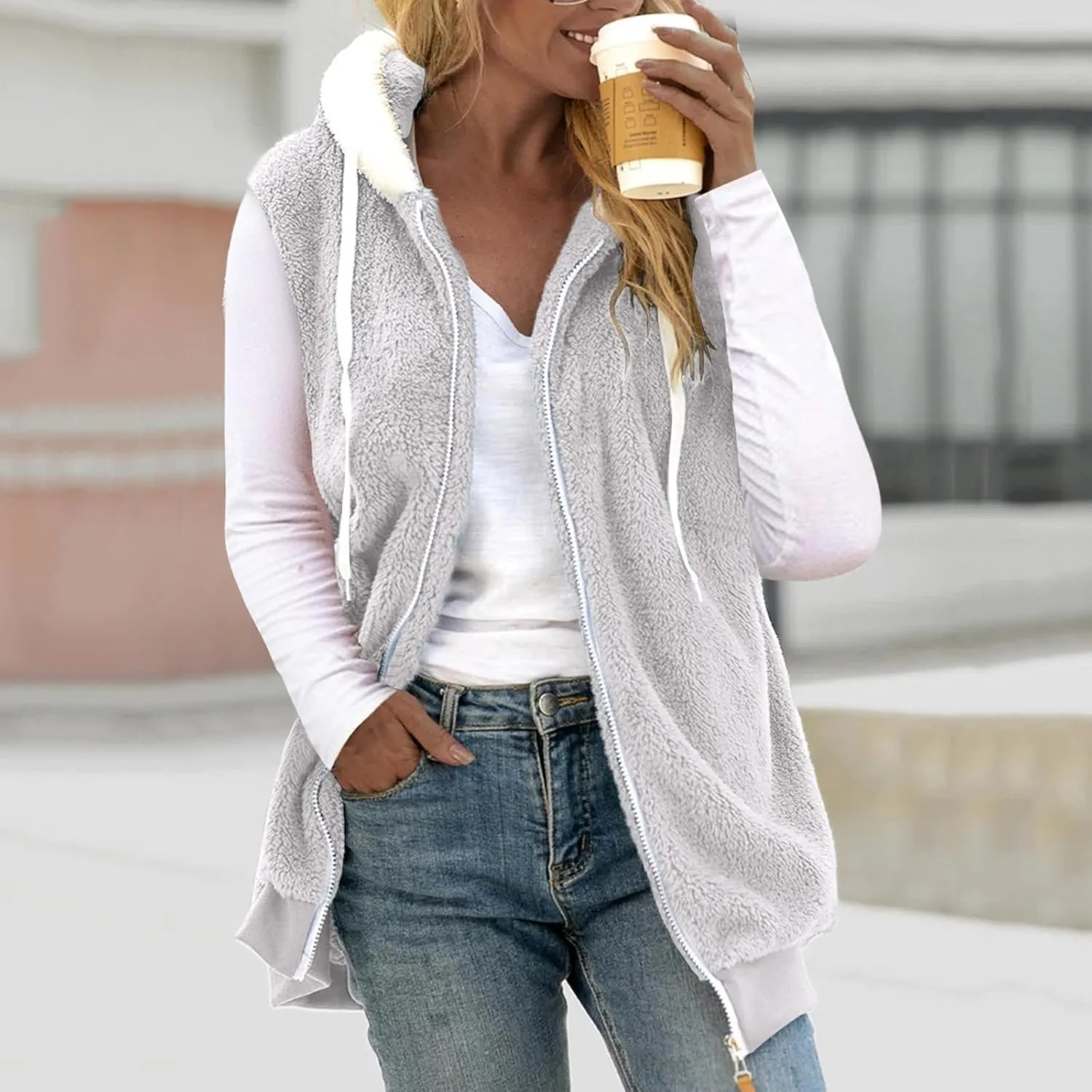 Womens Fall Winter Sleeveless Coat Zip Up Hoodie Jacket Warm Sherpa Jackets Vest Coats with Pockets