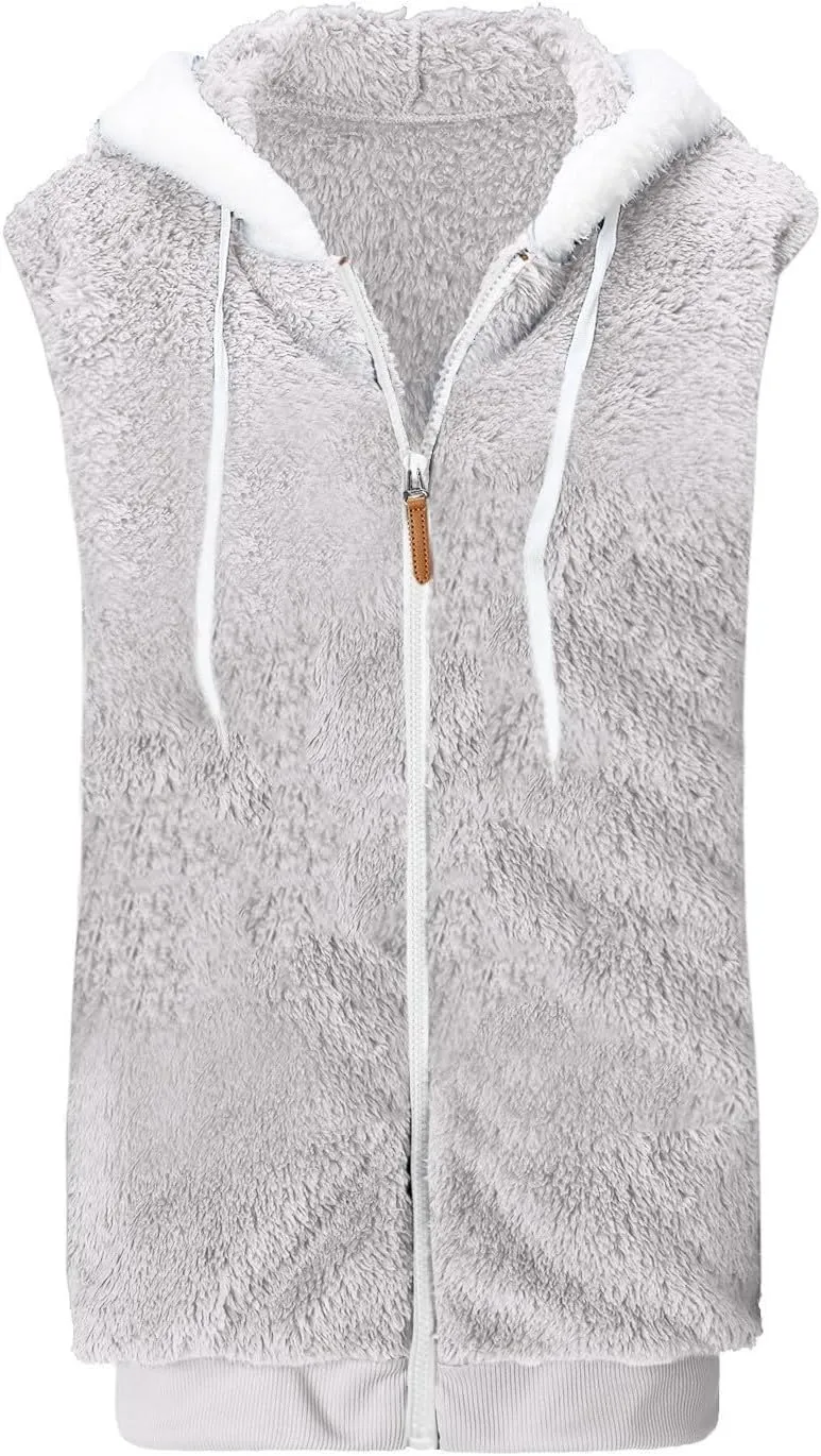 Womens Fall Winter Sleeveless Coat Zip Up Hoodie Jacket Warm Sherpa Jackets Vest Coats with Pockets